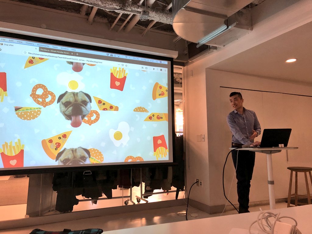 jammingcodes's tweet photo. Did a presentation on parallax, made a trippy Dugallax. Really proud of my fellow presenters today, @_AlannaOConnor @dennisoba @_alexandershin @NathanAndrewLui, we did it 😄! Big thanks to all the 🤳🤳🏻🤳🏼🤳🏽 tonight 🤣.  Tweet photos cred: @linghaolin @jeannetteng @MaeeshaCodes https://t.co/APnnhldWYC