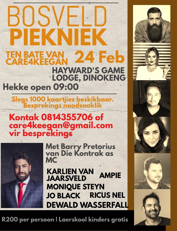 🎸24 Feb | Hayward’s Game Lodge | Dinokeng | Charity show vir Keegan.
Bespreek 081 435 5706 | care4keegan@gmail.com dit sal ‘n baie groot verskil maak! Hierdie seuntjie het dieselfde ‘toestand’ as Elah - portal thrombosis & hypertension. Dis ‘n baie rare geval by kindertjies