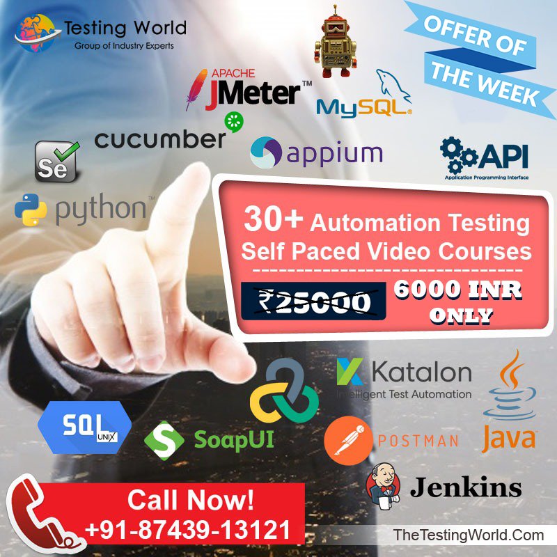 world_testing's tweet image. 30+ #Automation #SoftwareTesting courses worth Rs 25,000/- are available at only Rs 6000/- with lifetime access.
#Selenium #SoapUI #JMeter #Postman #Protractor
Don’t miss the offer, grab it now. Call or WhatsApp now at +91-8743913121
Course Sample Videos goo.gl/dqecVH