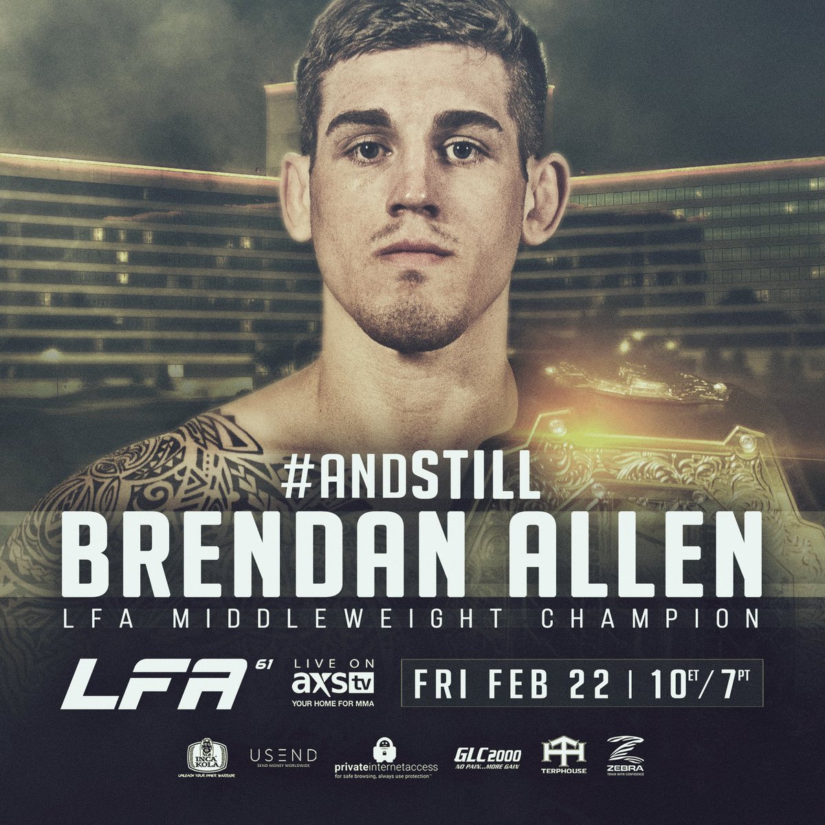 LFAfighting's tweet photo. Congrats to @BrendanAllenMMA on defending his @LFAfighting #middleweight title in the main event of #LFA61! 👑
#andSTILL
#MMA
@AXSTV
#LFANation https://t.co/QhIzwIb4HS