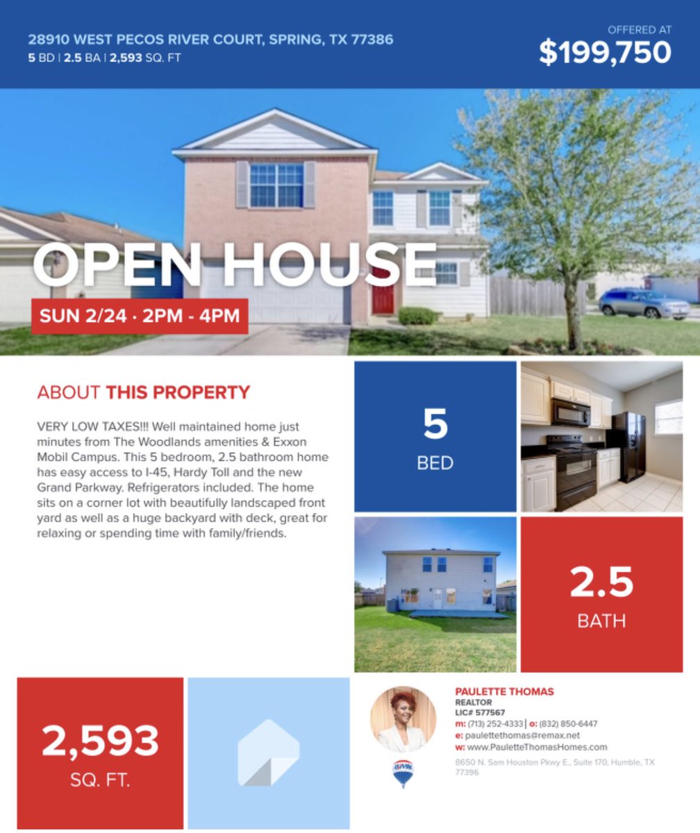 🙌🏽OPEN HOUSE 2-4pm🙌🏽! Sunday, February 25, 2019 from 2-4pm 28910 W. Pecos River Court, Spring, TX 77386!
#openhouse #showing #sunday #realtor #spring #creeksidevillage #forsale #home #house #buythishouse #newlisting #buyersagent #listingagent #family #build #work #business