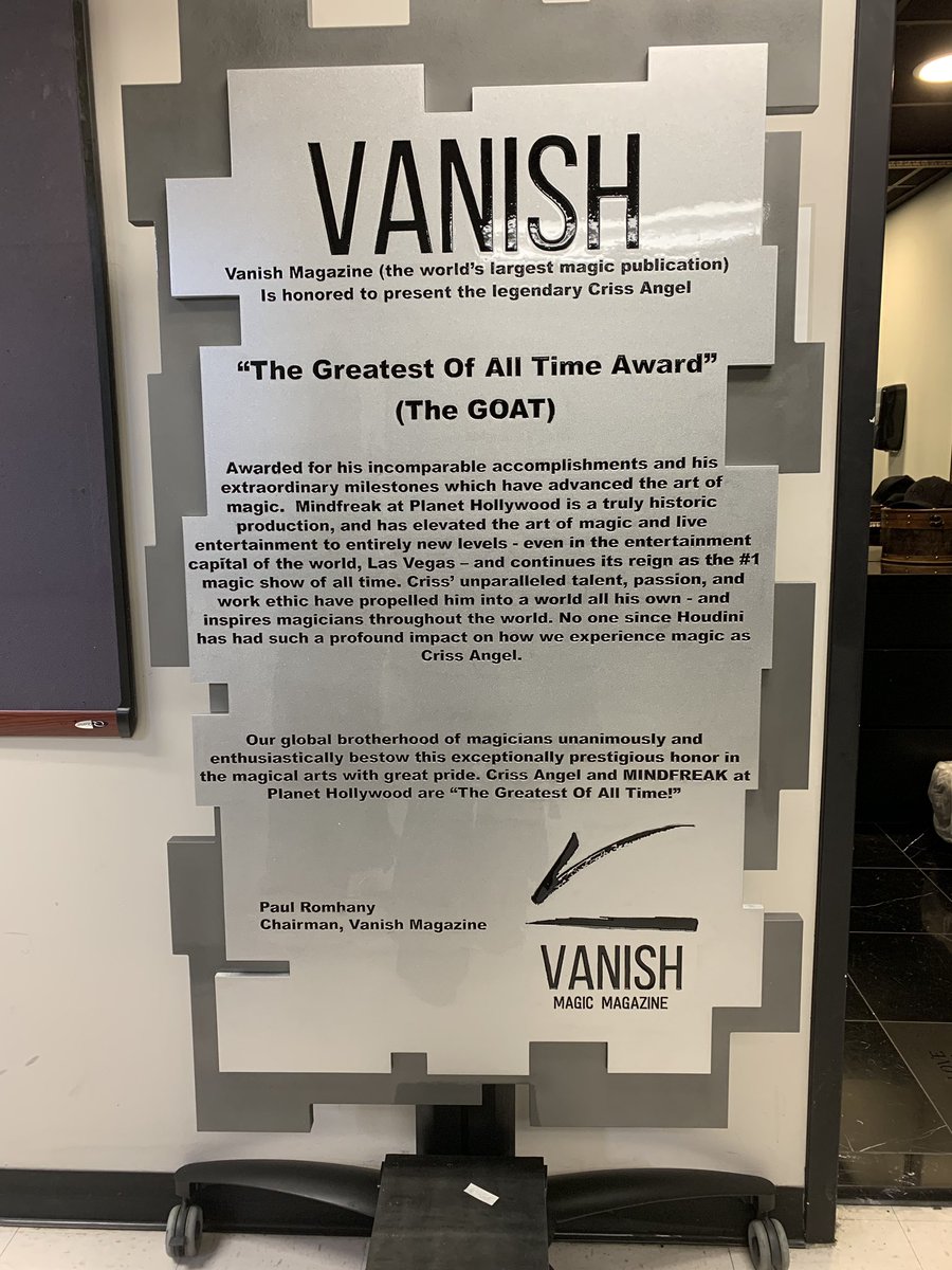 MagicScot's tweet image. Congratulations @CrissAngel for winning the “Greatest of All Time” award from Vanish Magazine at Planet Hollywood, Las Vegas. The award was presented by Paul Romhany and David Penn tonight on stage after Criss’s Mindfreak show. Best show on the planet!