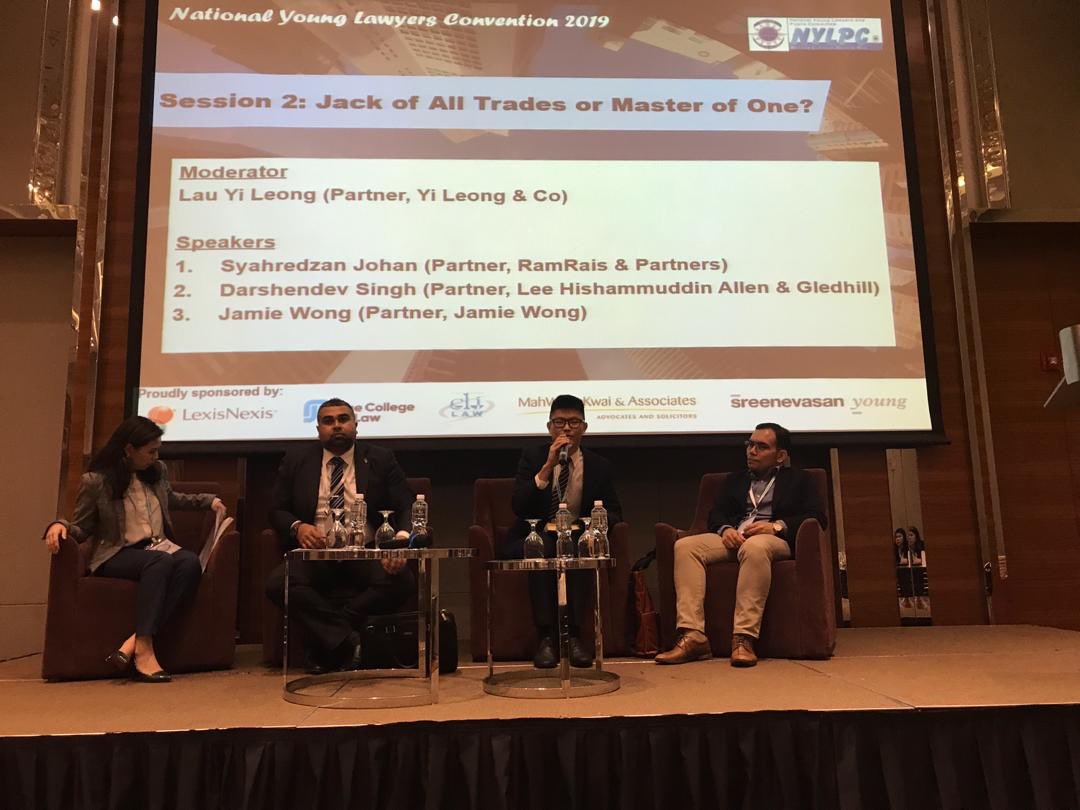 syahredzan's tweet photo. Spoke at the @N_YLC Convention 2019 on whether young lawyers should specialise in practice, with panelists Darshendev and Jamie, moderated by Yi Leong. https://t.co/dVrX9wF8Jg
