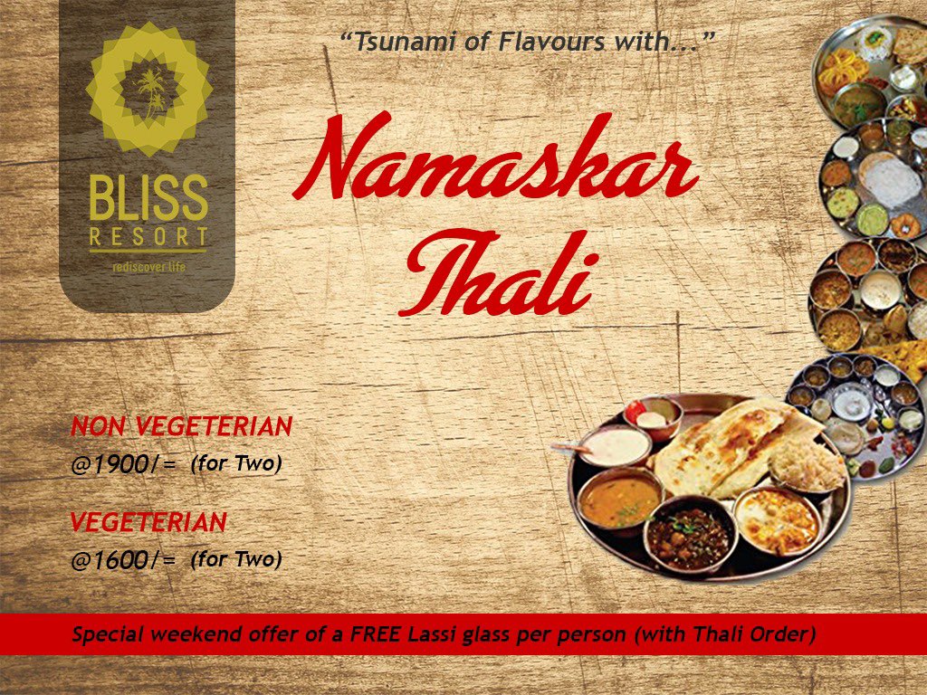 Bliss_Resort's tweet photo. Due to public demand .... it’s back!!!!
Experience a tsunami of flavors in one plate... #everyweekend #thaliaffair #2peopleshairing #vegetarian #nonvegetarian #namaskarrestaurant #blissresort Don’t miss out https://t.co/2V8i741Z0g