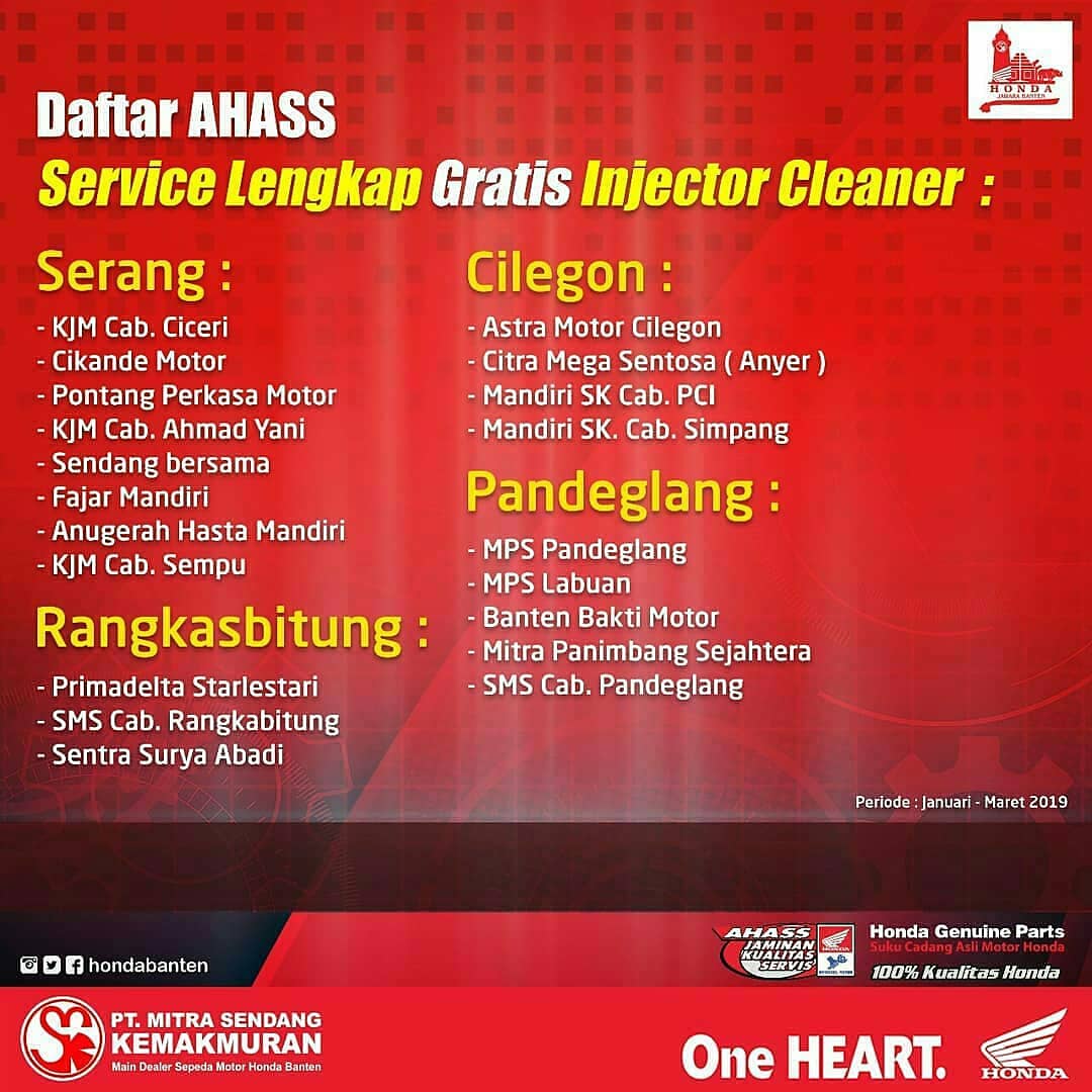 Mau dapetin Injector Cleaner secara GRATIS? Lakukan service lengkap di AHASS Honda Banten, tunjukan postingan ini, dan dapatkan Injector Cleaner GRATIS! .
.
*Syarat dan ketentuan berlaku
.
#HondaBanten #AHASS #InjectorCleaner #SatuHATI #CaRi_aMaN