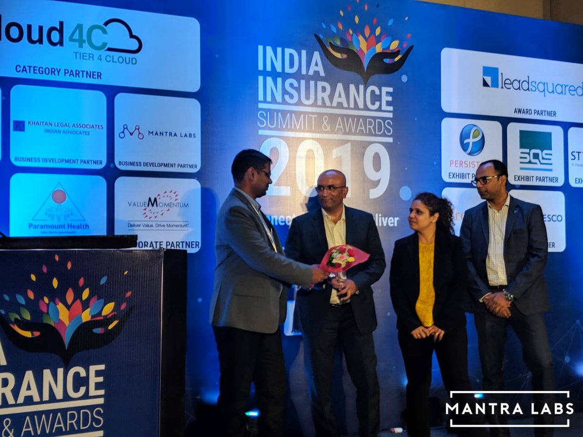 Mantra_Labs's tweet photo. Kumar Sambhav Singh, CTO of #MantraLabs, felicitating @MaxBupa as the "Digital Innovator of the year" and @edelweiss_tokio as the "Product Innovator of the year", at the #Indian #Insurance #Summit & #Awards #2019, #IISA19. https://t.co/3uMUUp2mlS