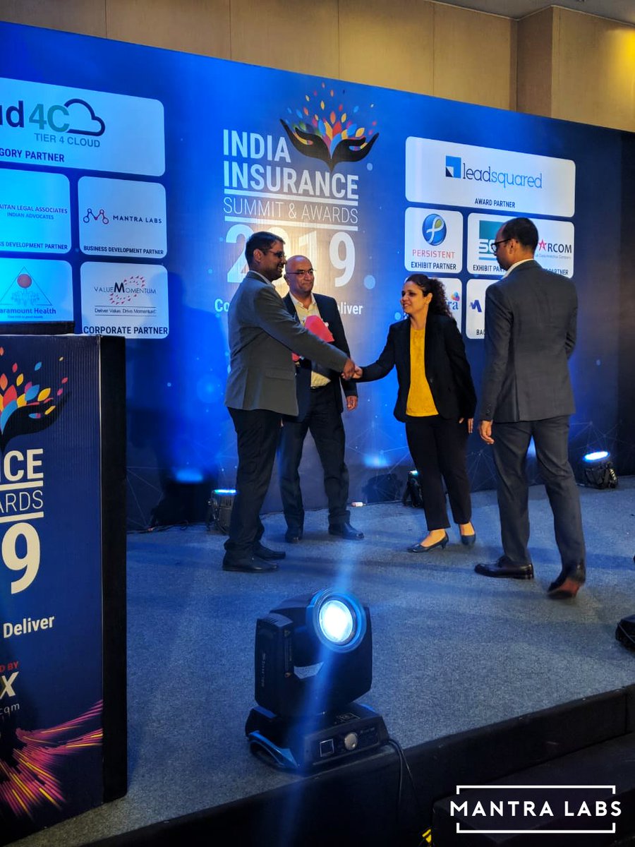 Mantra_Labs's tweet photo. Kumar Sambhav Singh, CTO of #MantraLabs, felicitating @MaxBupa as the "Digital Innovator of the year" and @edelweiss_tokio as the "Product Innovator of the year", at the #Indian #Insurance #Summit & #Awards #2019, #IISA19. https://t.co/3uMUUp2mlS