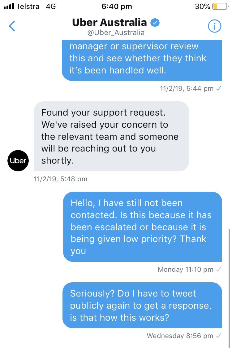 Seems only way to get any service from <a href="/Uber_Australia/">Uber Australia</a> <a href="/Uber/">Uber</a> is to ping them in public. Wouldn’t it be lovely if they also cared privately!