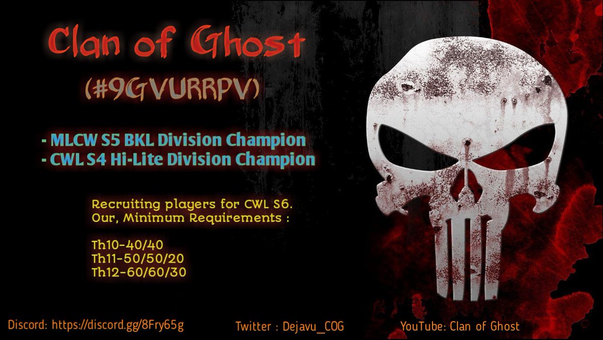 Recruiting is open now, for CWL S6 (premier).
Minimum requirements: 
Th10-40/40
Th11-50/50/20
Th12-60/60/30.
*Must have league experience
*Must be able to build base.