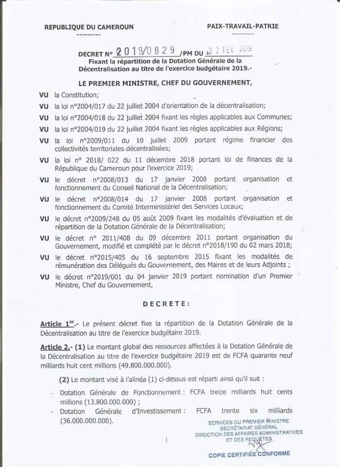 MimiMefoInfo's tweet photo. Prime Minister, Chief Dr. Dion Ngute has allocated 49 billion francs to facilitate decentralisation.
The policy was introduced over two decades ago, but failed in its implementation phase.
The Head of State had described it as one of government's solution to the anglophone crisis https://t.co/tRAr5rpI9s
