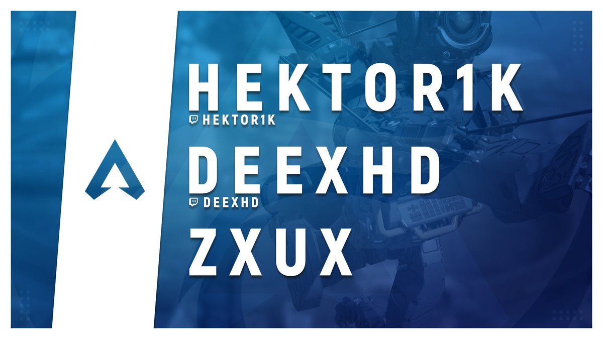 As promised <a href="/PlayApex/">Apex Legends</a> is here 🥳

Our pro squad:
<a href="/Hektor4k/">Hektor1k</a> 
@D33XHD 
@RLB_Zxux

They debute at the <a href="/ThePlaysGG/">The Plays</a> Apex Arena Weekly 2.

You want to join our 🇩🇪 Community Discord?
discord.gg/deK7cmf

#ApexLegends #Apex #eSports