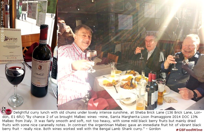 GS_Wines's tweet photo. #Delicious #curry lunch + #Malbec #wines @shebabricklane #BrickLane incl. Santa #Margherita https://t.co/XxPjhgL8B7 #Malbech #Veneto "fairly smooth & soft, not too heavy, mild black berry & dried fruits, #caramel-ly notes" Went well with the Bengal #Lamb Shank curry #GSFoodWine https://t.co/OCjVAWYtPA
