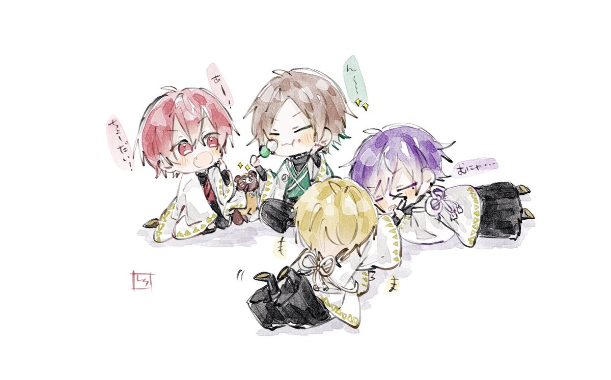 purple hair multiple boys chibi japanese clothes blonde hair male focus red hair  illustration images