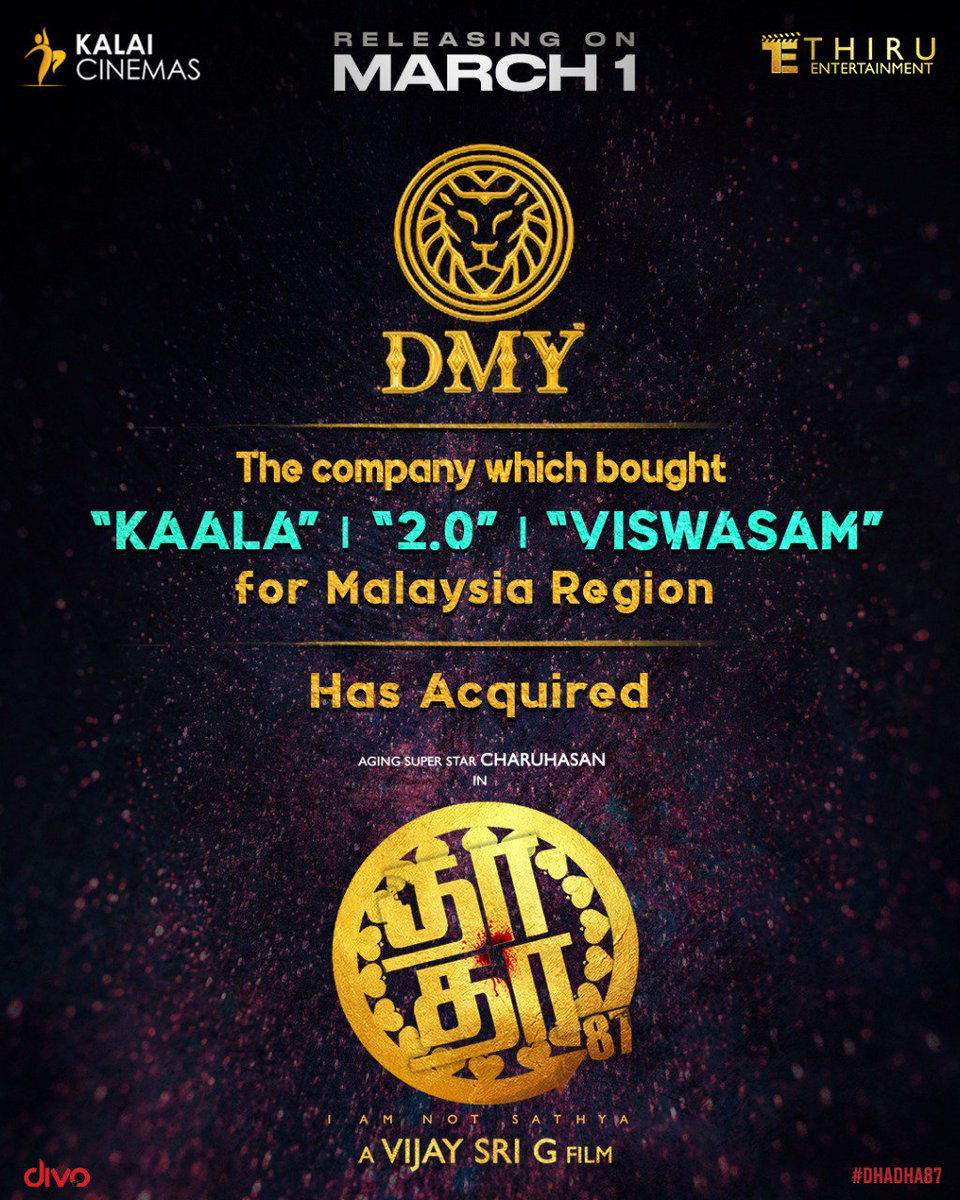 KollywoodCinima's tweet photo. DMY The company which bought Malaysian rights for Kalaa , 2.0 and Viswasam has acquired #Dhadha87.

#6daystogoforDhadha87 
#Dhadha87From1stMarch
@ThiruEntertain2 release

#Charuhaasan #Saroja #Janagaraj @vijaysrig @RajaDop1 @kalaicinemas @alrufian
@CtcMediaboy @KollywudCinema https://t.co/xW4taLNLpI