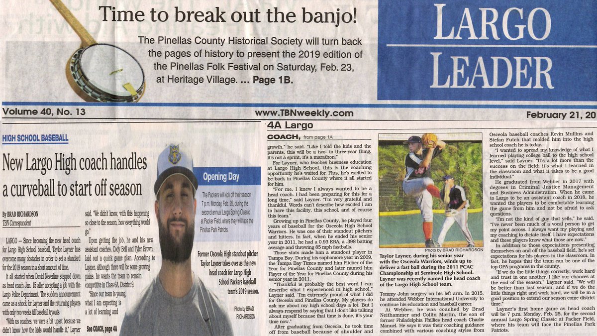 BradKRicha88's tweet photo. Pick up this weeks #TBNWeekly #SeminoleBeacon & #LargoLeader:
"New Largo High baseball coach #TaylorLayner handles curveball to start season."
@LargoBaseball @PinellasSports @B_A_Baseball @OsceolaBaseball @TBHomeTeam @BobbyHomeTeam @TBNwebmaster @FHSAA
https://t.co/Ke8aTh75RL https://t.co/KHK3NFnmeC