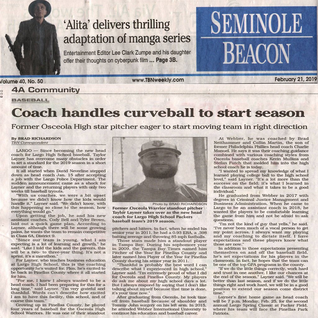 BradKRicha88's tweet photo. Pick up this weeks #TBNWeekly #SeminoleBeacon & #LargoLeader:
"New Largo High baseball coach #TaylorLayner handles curveball to start season."
@LargoBaseball @PinellasSports @B_A_Baseball @OsceolaBaseball @TBHomeTeam @BobbyHomeTeam @TBNwebmaster @FHSAA
https://t.co/Ke8aTh75RL https://t.co/KHK3NFnmeC