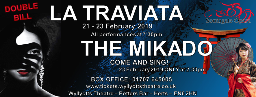 LAST CHANCE TODAY! Two different shows; one epic Saturday!

Box Office pages:
- #LaTraviata: tinyurl.com/SOLaTraviata20…
- #TheMikado: tinyurl.com/SOMikado2019a

#SOLaTraviata #SOMikado #gilbertandsullivan #CultureInEnfield <a href="/PGCommunity/">PGCommunity</a> <a href="/LYDSPottersbar/">LYDSHerts</a> <a href="/Radio_JJ/">Radio JJ</a>