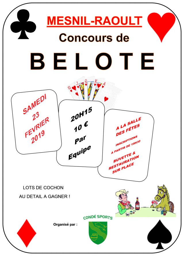 Conde_sports's tweet photo. Vous ne savez pas quoi faire ce soir ? Vous en avez marre du Milton et du Sunset ?

♠️♥️Venez participer à notre concours de Belote !♦️♣️

📝Inscriptions à partir de 19h30, salle des fêtes du Mesnil Raoult.

Ps : Il y a une buvette 😉 https://t.co/9dyRNLh1aV