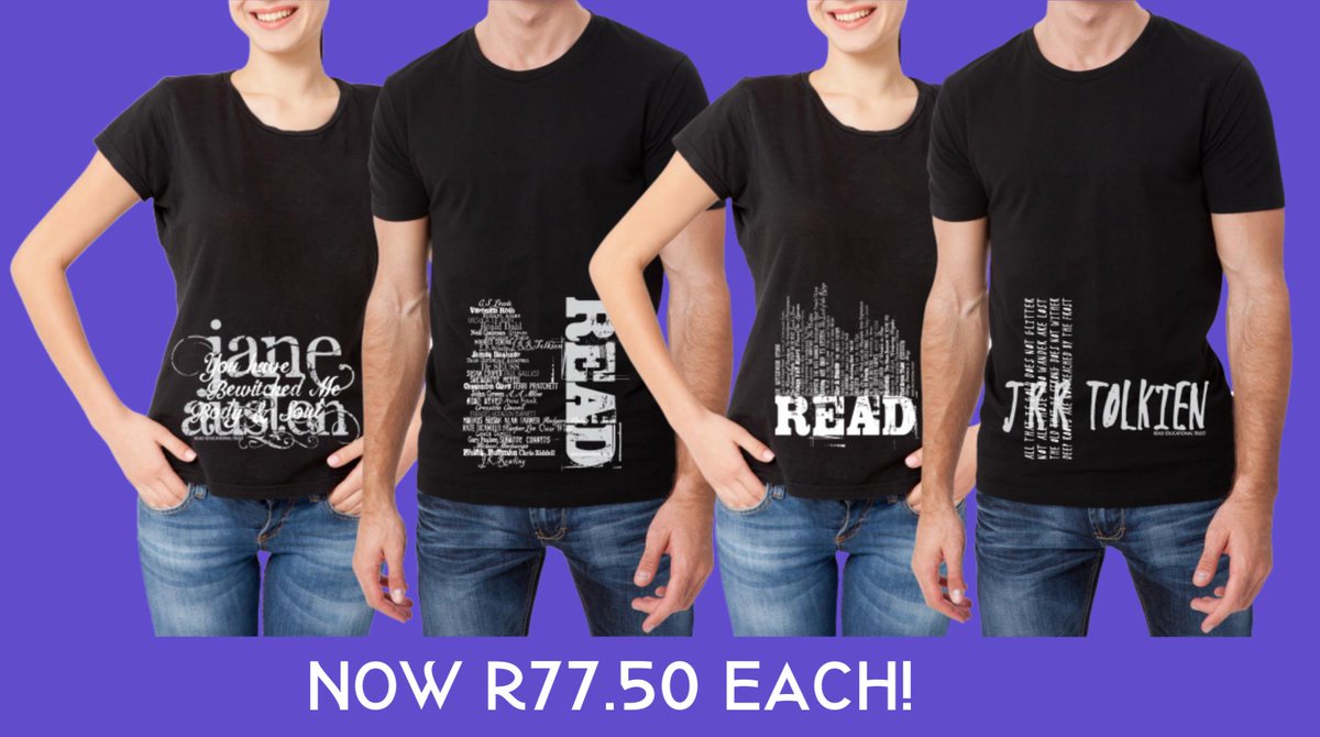 READEduTrust's tweet photo. Don't miss out on our half price online sale! Our T-shirts are only priced at R77.50 currently! Visit https://t.co/uznkWEtola #Less50 #HalfPriceSale #TheReadShop #PromoteLiteracy #LoveReading https://t.co/B7baSZXLnI