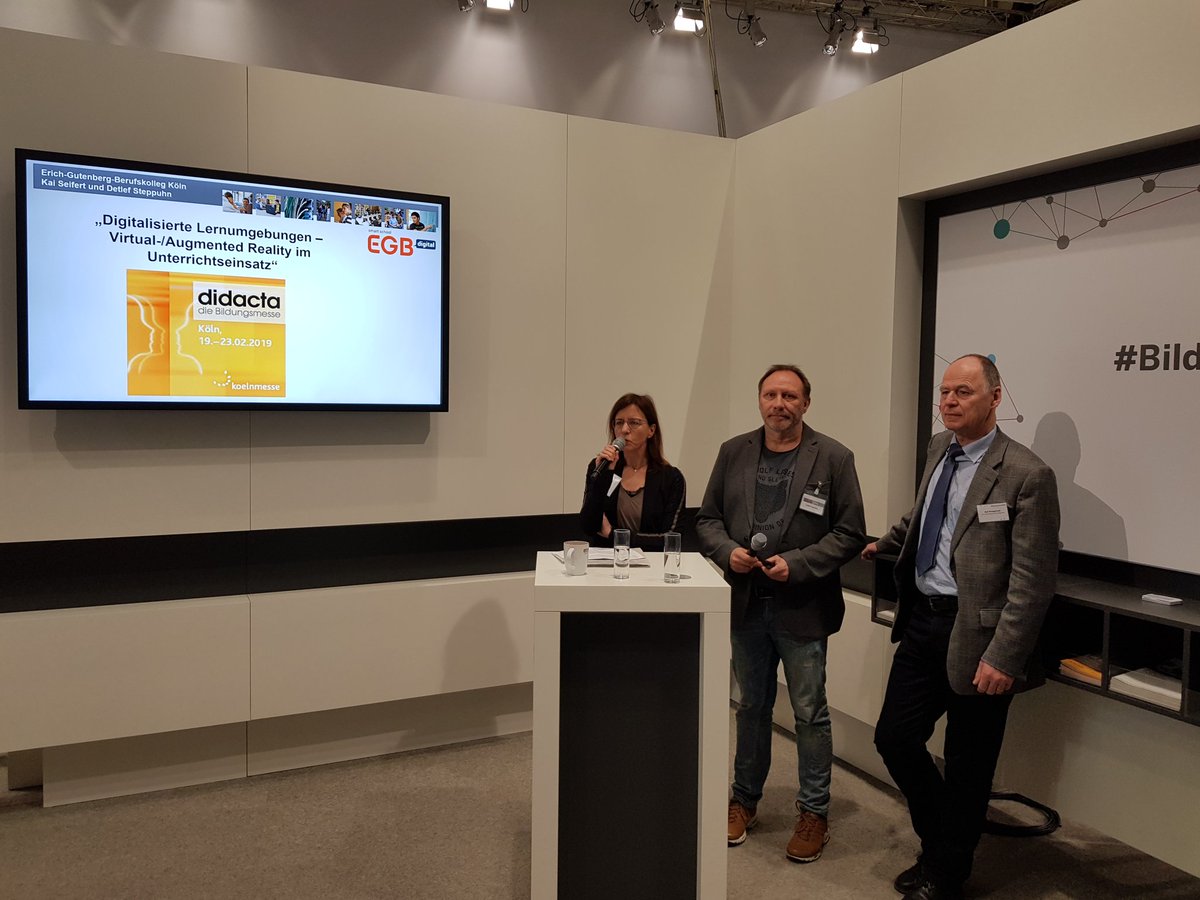 EGBKoeln's tweet photo. One more time... Das EGB mit VR, my eWorld und E-Commerce auf der Didacta 2019 am Stand von @BildungslandNRW. Letzter Tag mit Detlef Steppuhn, Dr. Rolf Wohlgemuth und Kai Seifert #didacta2019 #SmartSchool #digitaleBildung #myeworld https://t.co/Lq07wStD3q
