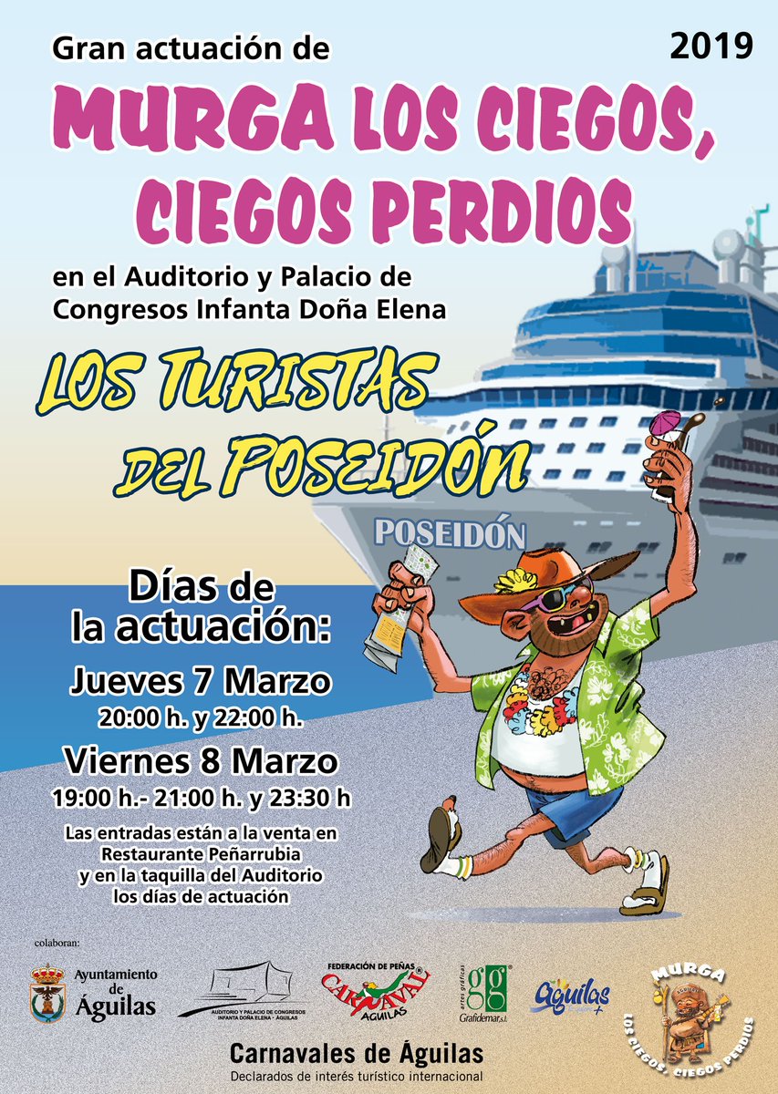 Ya estamos listos!! 😎 🏖️ 🚢
:: Los Turistas del Poseidón ::

🎶 Jueves 7 y Viernes 8 !!

Aún podéis conseguir entradas en Bar restaurante Peñarrubia.

Os esperamos!!
#Carnaval2019 #CarnavaldeAguilas
#MurgaLosCiegos2019