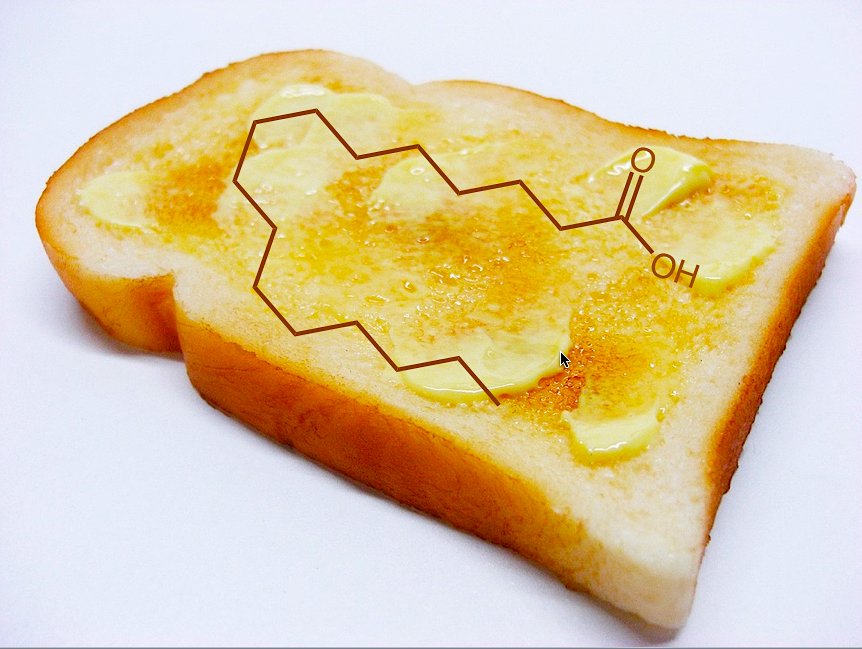 eedcAndy's tweet image. Raise a toast on #NationalToastDay! Scientific studies showed that when toast is dropped from a table, it mainly falls butter-side down #kitchenscience; one study won an Ig Nobel prize! Butter contains mostly saturated fatty acids inc palmitic acid, with a C16 chain #RealTimeChem