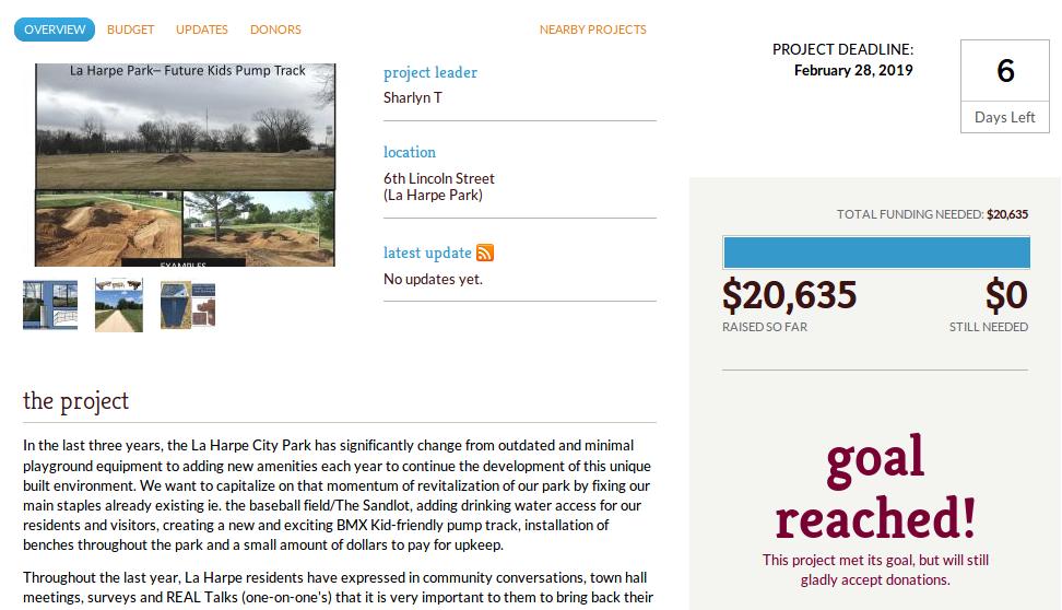 Goal reached! La Harpe's crowdfunding campaign has raised over $20,000 for improvements to their City Park, including a brand new family-friendly BMX Pump Track <a href="/ThriveAllen/">Thrive Allen County</a> <a href="/kansashealthorg/">Kansas Health Foundation</a>
#REALLaHarpe #residentled #communityengagement #healthequityks #allencultureofhealth