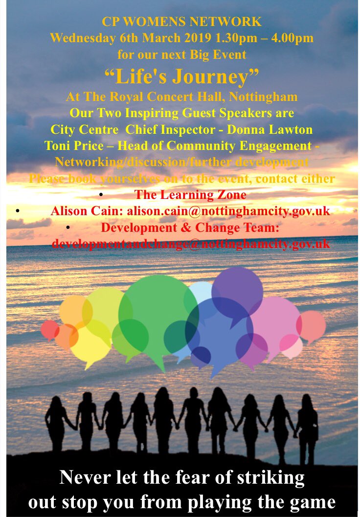 WomenCp's tweet photo. Excited to announce our next #CPWN Big Event #LifesJourney is Wednesday 6th March! Come and join us at the Nottingham Royal Concert Hall from 1.30pm for an afternoon of networking and discussions PLUS two inspiring guest speakers! #SuccesfulWomen #Empowerment #CommunityProtection https://t.co/CI0UTXdLYB