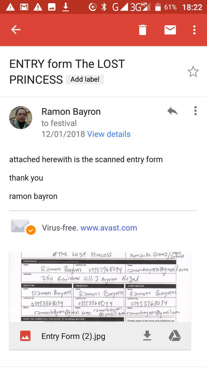 ramonbayron's tweet photo. why the peg? 

attached here is my email to a festival - dated January 12 2018 - to submit the 1st draft of my entry entitled "THE LOST PRINCESS"

it was not taken in the final list

until late Nov 2018 I started to watch #KissesDelavin then #DonnyPangilinan on YouTube... https://t.co/KMLrBEGtWi