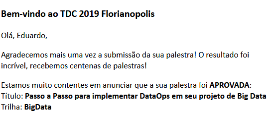 eduardohahn's tweet photo. Show!!! Que legal!!! Confirmado minha palestra no 1o. TDC 2019 , em Florianópolis. Um tema que cresce a cada ano e fundamental para todo projeto de BigData. Nos vemos na trilha BIGDATA. Valeu @TheDevConf
#thedevconf #datalakers #imaps #dataops #bigdata https://t.co/qguXokJ6df