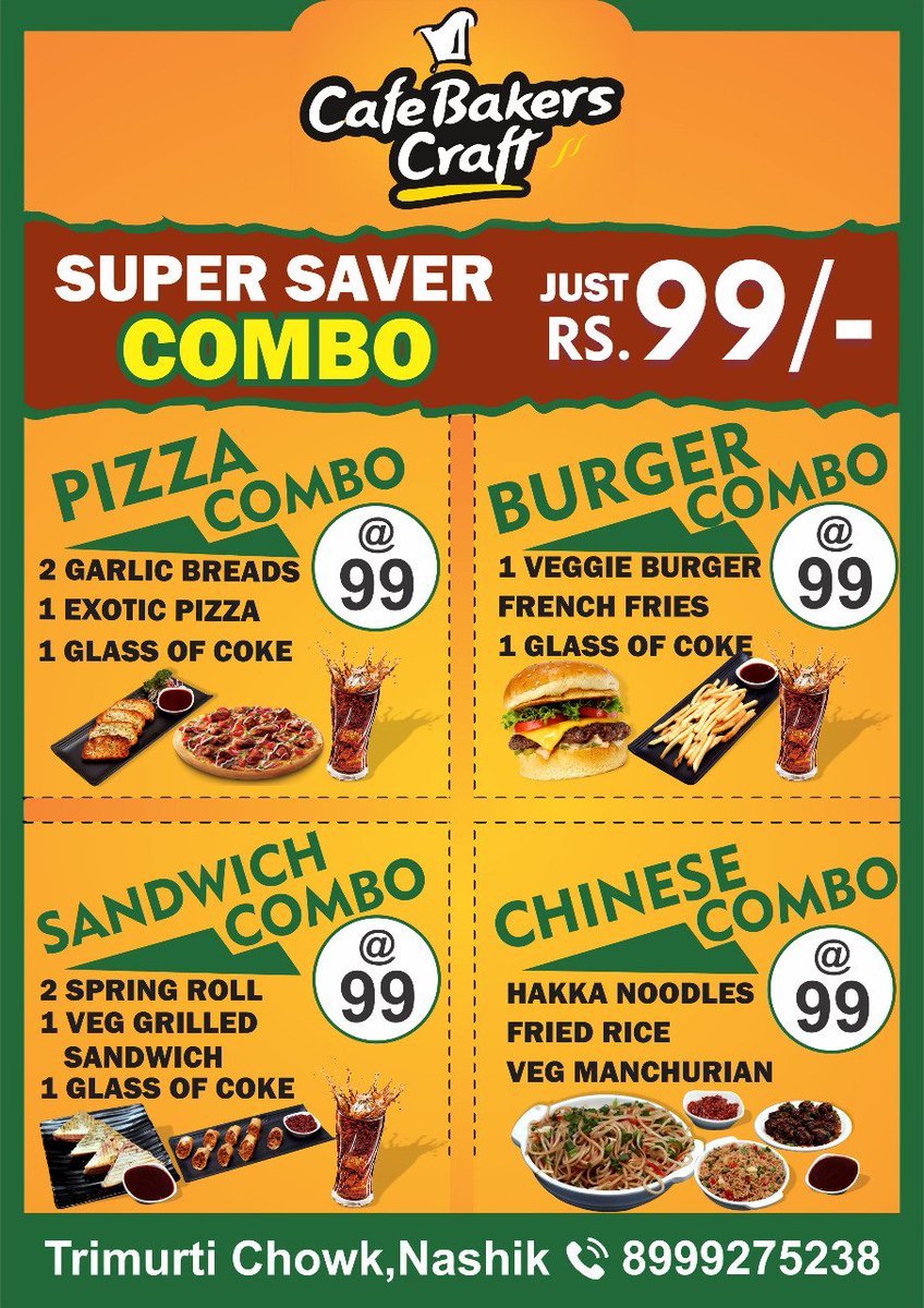 Super Saver Combo's , Just Rs 99/- Only At Cafe Bakers Craft..!

Order Us On : ZOMATO

Contact Us: 8999575238

Address : Durganagar,Trimurti Chowk , Nashik.

#pizza #burger #sandwich #chinese #nashikcafe #foodie #burgercombo #chinesecombo