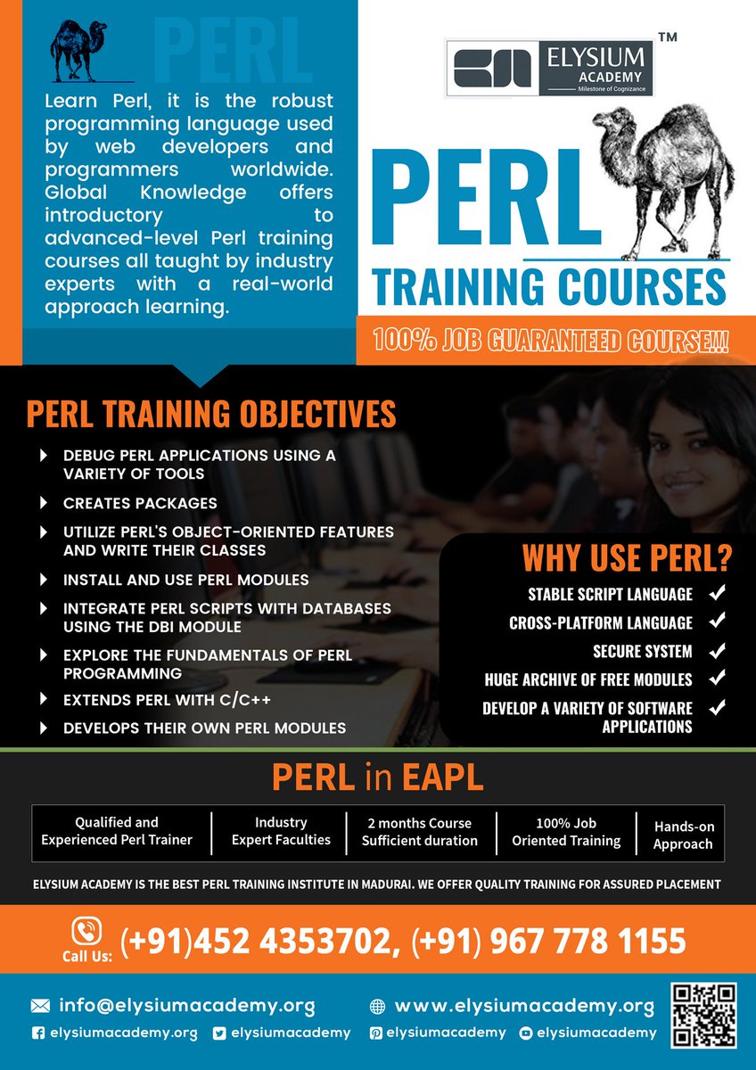 PERL Programming Training at Elysium Academy,

Learn perl and become a skilled IT Professional.

To view course outline: bit.ly/2GFjasW

For more info: 096777 81155

#perl #programming #elysiumacademy #networkingcourse