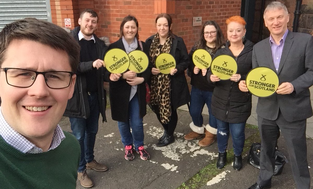 DavidLinden's tweet photo. Crackin’ canvass session in #Springboig this morning with #teamSNP, inc. @Ivan_McKee MSP and local Councillor Annette Christie. #activeSNP https://t.co/qdshtylVSV