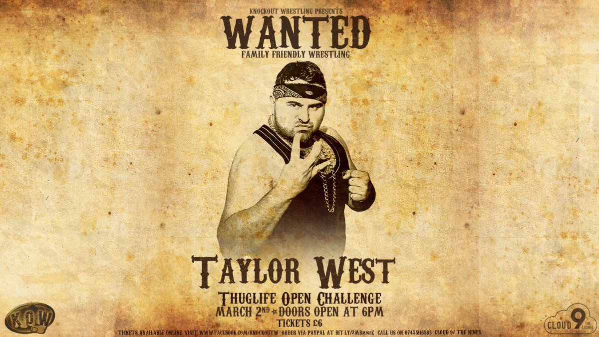 KO_Wrestling's tweet photo. He might hold the Vertigo Briefcase but Taylor West seems to be more interested in dishing out some punishment. He’s issued a Thuglife Open Challenge to “anyone stupid enough to face him”.  Who will that man be? Join us at @CThelounge on March 2nd to find out. https://t.co/aVWL1dtozJ