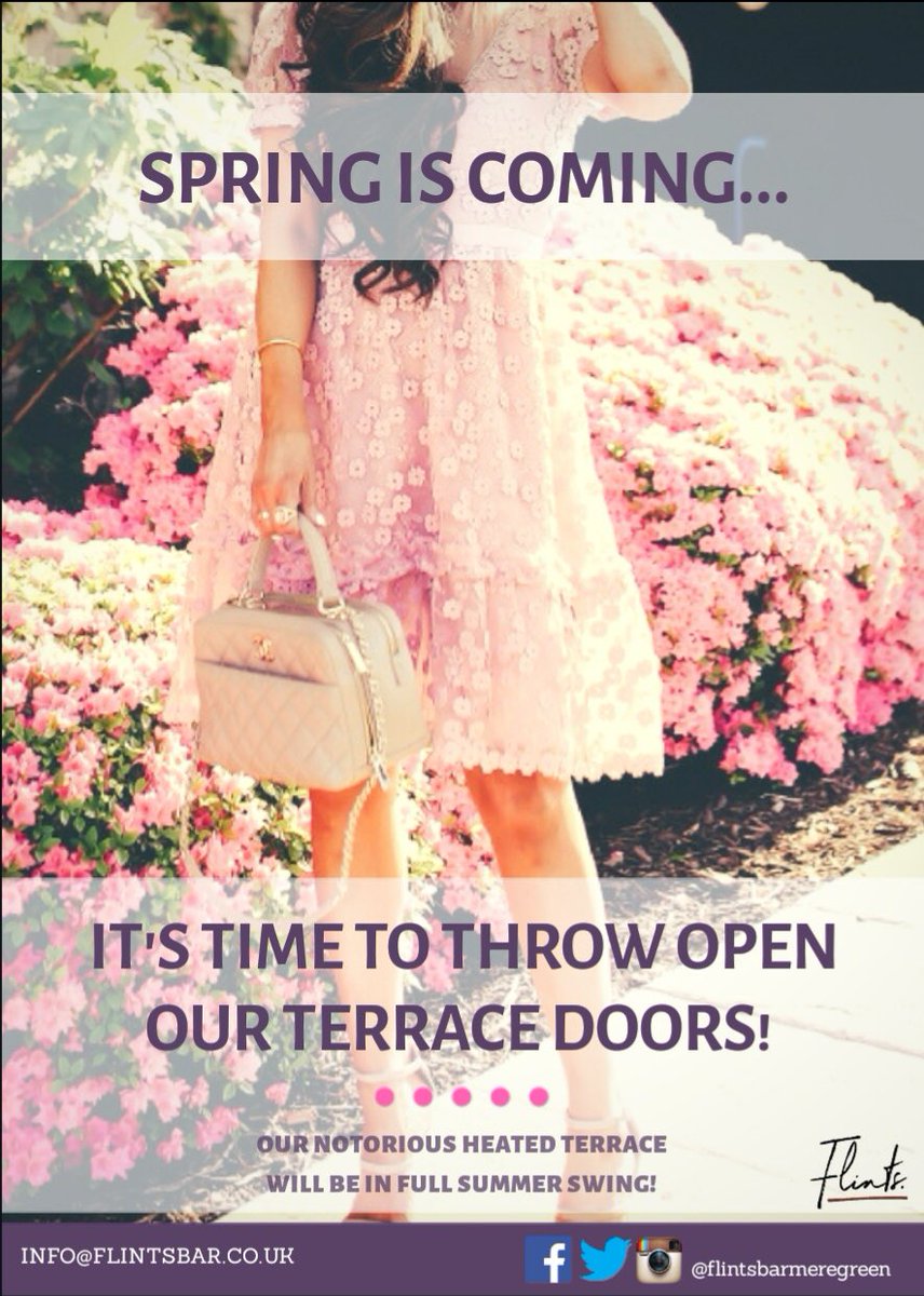 flintsbarmg's tweet photo. There is nothing that excites us more than the first signs of Spring... โ๏ธ
Get your LBDโs and fabulous heels at the ready. ๐ ๐
Our notorious heated terrace is going to be in full summer swing!! ๐ฅ๐ฅ๐ฅ
#dressuptime #nocoatsneeded #meregreen #springisintheair https://t.co/gCnb1zpzIn