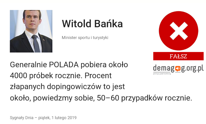 DemagogPL's tweet photo. Członek Komitetu Wykonawczego @wada_ama @WitoldBanka myli się mówiąc o pobieraniu ok. 4000 próbek rocznie przez Polską Agencję Antydopingową oraz o procencie złapanych dopingowiczów.
Więcej w naszej analizie ➡ https://t.co/CqqTJCw5NC
#FactCheck #DemagogPL #Fałsz https://t.co/fX0d2mJQeL