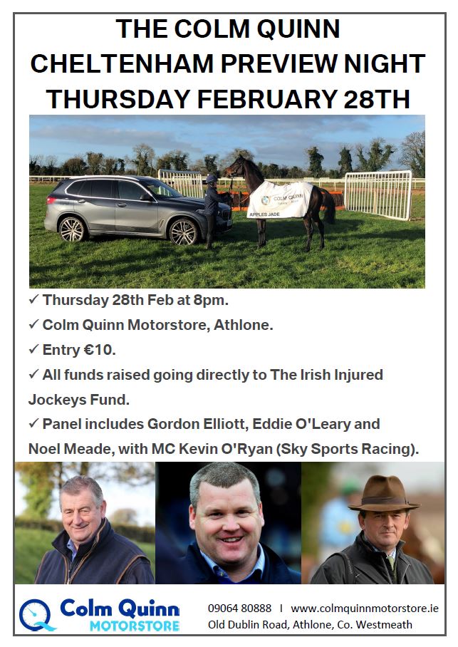 ColmQuinn_Cars's tweet photo. The Cheltenham Preview Night Of The Year!! 
Register your interest with us https://t.co/chFZklC5rK  
See you there!
@gelliott_racing @tuvastables @irishkor @InjuredJockeys https://t.co/BSIminOMVa
