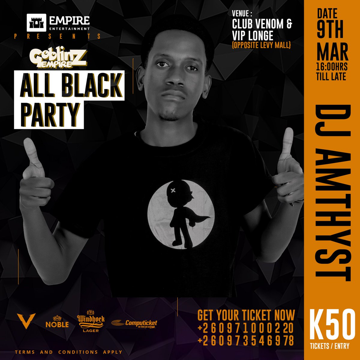 DjAmythst's tweet photo. You don't wanna miss this, 9th March catch Dj Amythst on decks at The All Black Party, to be held at Venom Vip Lounge Opposite Levy Mall time 16hrs till late.  Powered by Ballatines,Windhoek Lager &amp; Nobel Wine🔥🔥🔥🎧🎛️🎶

#DjAmythst  #GoblinzEmpire  #MagEvents #WeTurnItUp https://t.co/9sqRENUhYv
