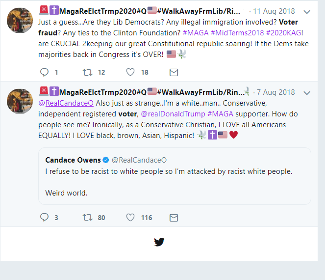 18. Then I decided I would search this account for the month of August just using the words "voter" or "fraud" There were TWO TWEETS mentioning it. This isn't how the study was done, though, so it was more to see what I was dealing with.