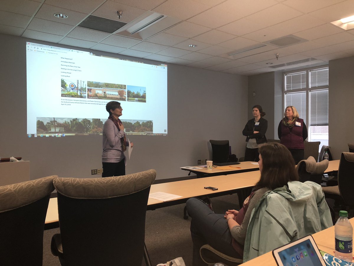 technerdgeek's tweet image. So excited to see the awesome GCS SLMCs Nancy Cravey, Jennie Hunt, and SueAnn Klawitter presenting at the ECU Librarian to Librarian Summit on “Don’t Let Storms Blow You Away” discussing the recovery process after the tornadoes that destroyed their schools.#GCSLibrarymedia