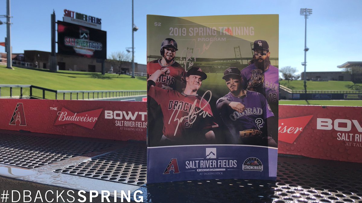 Dbacks's tweet photo. It's @SaltRiverFields Opening Day and we're excited to see you all back here. 😃

To share our excitement, RT this for the chance to win a copy of the 2019 #DbacksSpring program signed by David Peralta and Zack Greinke! https://t.co/0rTkFYwJ8l