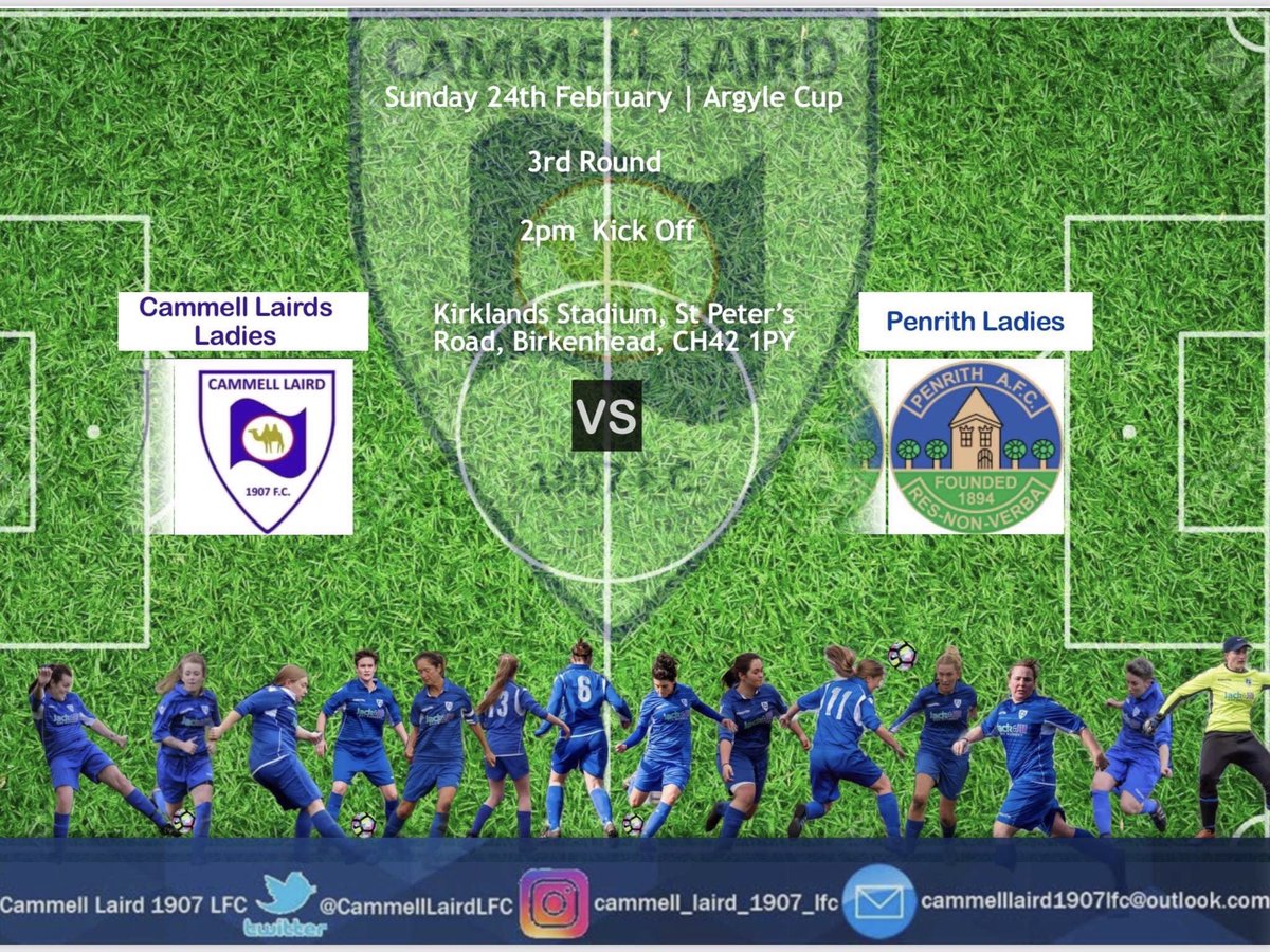 CammellLairdLFC's tweet photo. ‼️Another cup game this Sunday‼️

🏆| 3rd round Argyle Cup

🆚 | @PAFCLadies 

⏰ | 2pm Kick Off

📆 | Sunday 24th February 2019

🏟| Kirkland’s Stadium, St Peter’s Rd. Ch42 1PY

💷 | £1 Entry

⚽️ | #LairdsLadies #🐫⚽️💙 https://t.co/uWYgn40Yl7