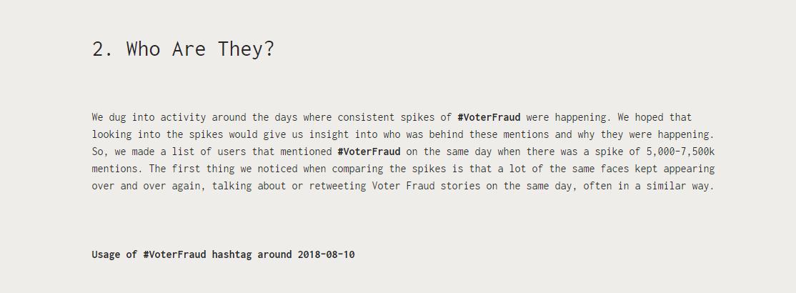 7. Then they begin to get into their methodology. They made a list of users that mentioned Voter Fraud on the same day when there was a spike of users talking about voter fraud. That day? 8/10/18. Seems like an arbitrary day, eh?