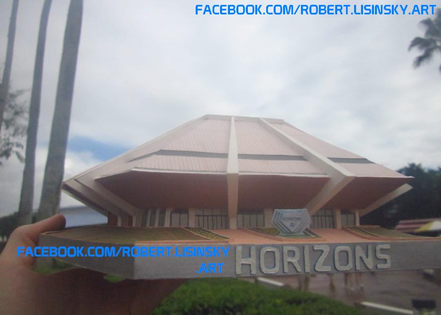 RbrtL1981's tweet photo. I brought my Horizons paper sculpture to Epcot recently and took some pictures of it in front of Mission Space, its replacement. I wanted to make my project look like the real thing. The scale may not be perfect, but it's close! #papersculpture #paperart #disney #Epcot #Horizons https://t.co/fGVY8yTND4