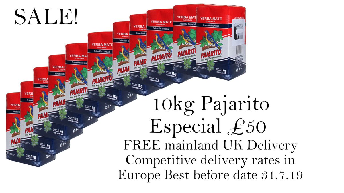 Promotion on 10kg Pajarito Especial £50 including mainland UK delivery. Good rates for other countries (see comments). Best before date is 31.07.19. It is safe to consume after this date, but won't be as fresh. Salud!

#yerbamate #yerba #mate #teasale #specialoffer #teabreak