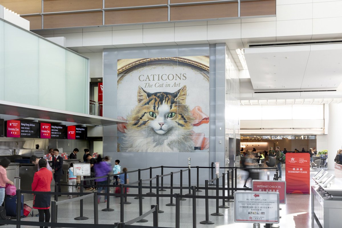 SFOMuseum's tweet photo. A very special thank you to Sandy Lerner for making this exhibition possible. See "Caticons: The Cat in Art" is on display, pre-security, in the International Terminal. https://t.co/9YU4UP82hO #caticons #caturday https://t.co/vEF3FHgLmR