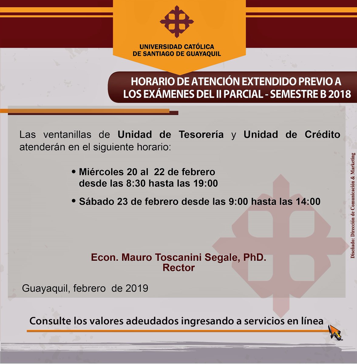 ucatolicagye's tweet photo. #Atención #EstudiantesUCSG

La Unidad de Tesorería y Unidad de Crédito está atendiendo en este horario

➡️Ventanillas de Tesorería y Unidad de Crédito

▪️𝙎á𝙗𝙖𝙙𝙤 23 𝙙𝙚 𝙛𝙚𝙗𝙧𝙚𝙧𝙤
𝘿𝙚𝙨𝙙𝙚 𝙡𝙖𝙨 09𝙝00 𝙝𝙖𝙨𝙩𝙖 𝙡𝙖𝙨 14𝙝00 https://t.co/cURowxDYLX