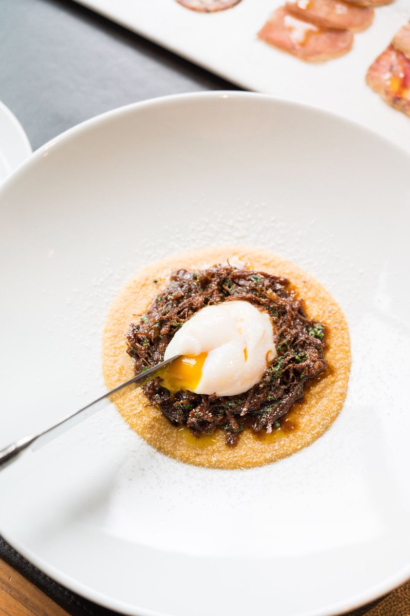 Uova e Spezzatino ~ braised Bouvry Farms bison short rib spezzatino, stone-milled polenta from Kaptain Flour, 24 month parmigiano reggiano, &amp; poached Conestoga Farm's hen's eggs. New brunch dish at our #Yorkville location.