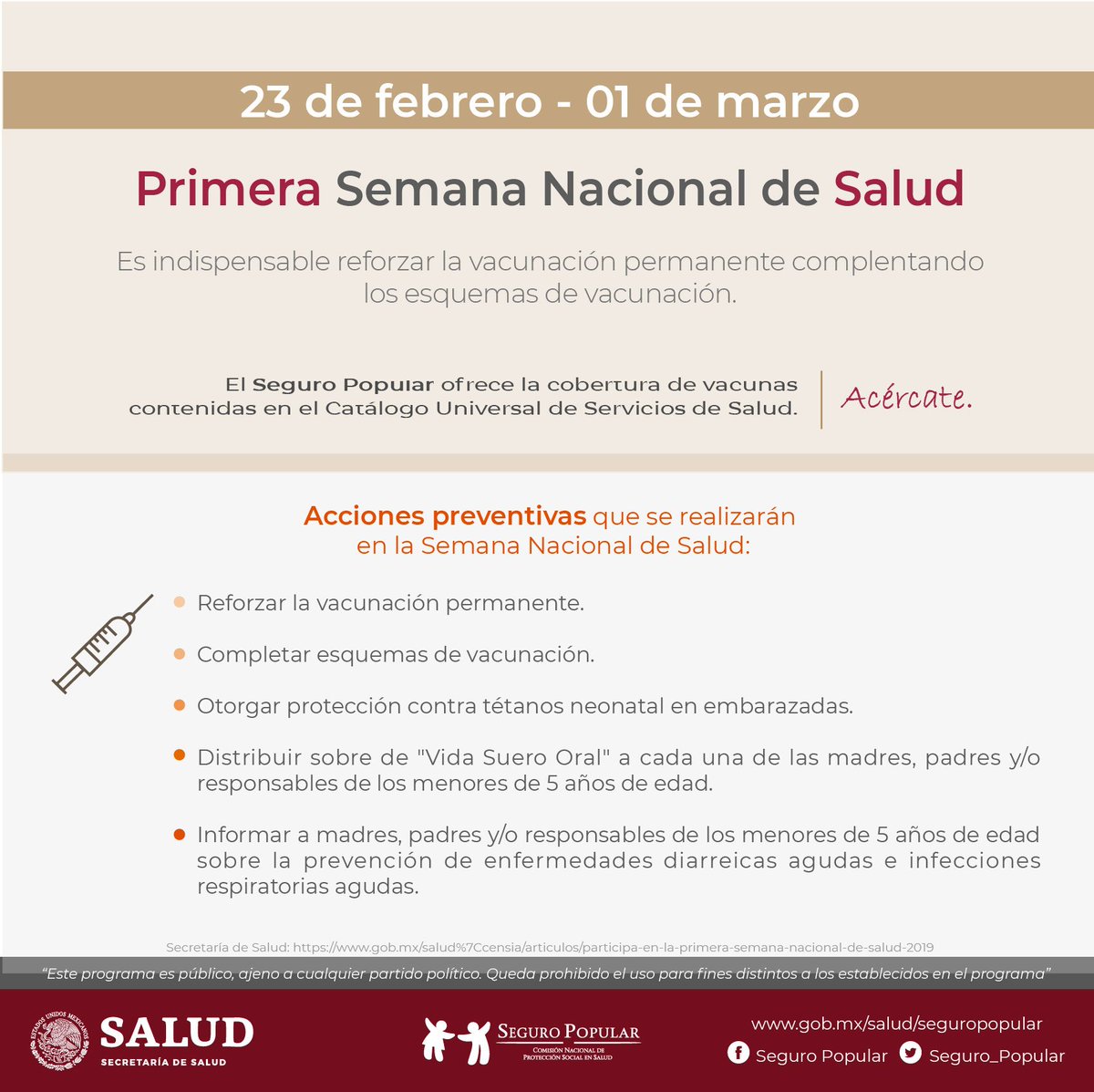 Seguro_Popular's tweet image. 23 de febrero - 01 de marzo: Primera Semana Nacional de Salud