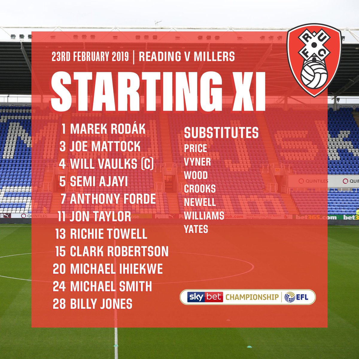 RotherhamUnited's tweet photo. TEAM v @ReadingFC | Rodak; Jones, Ihiekwe, Robertson, Mattock; Ajayi; Forde, Vaulks, Towell, Taylor; Smith.

SUBS | Price, Vyner, Wood, Crooks, Newell, Williams, Yates. #rufc https://t.co/MBtNCZxLZF